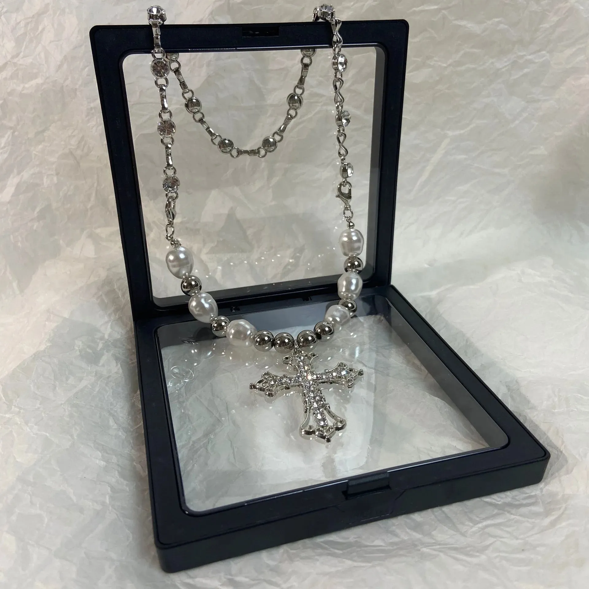 Artificial Diamond Cross Pendant Pearl Personality Cool Wild Collarbone Chain Necklace, a stylish and unique gift.