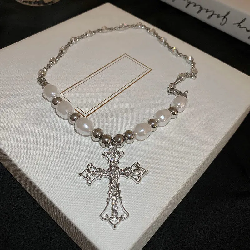Artificial Diamond Cross Pendant Pearl Personality Cool Wild Collarbone Chain Necklace, a stylish and unique gift.
