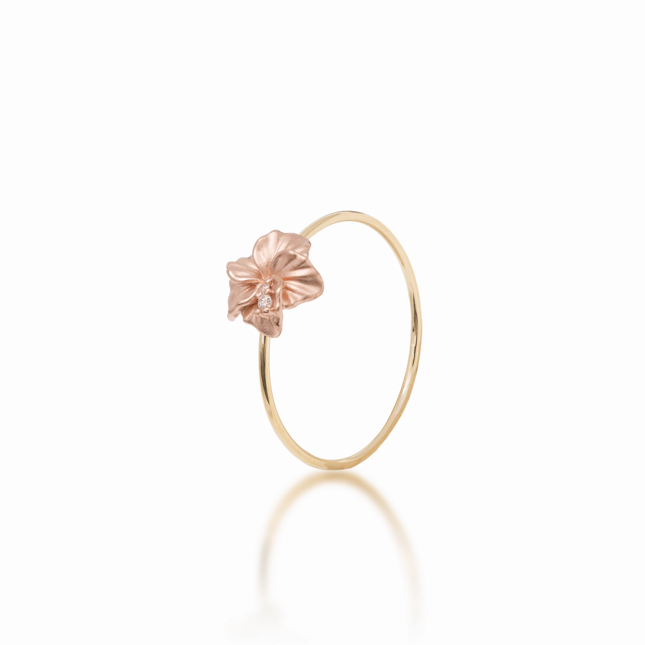 Hawaiian Gardens Hibiscus Ring in Two Tone Gold with Diamonds - 8mm Sleek Edge Chic Evening