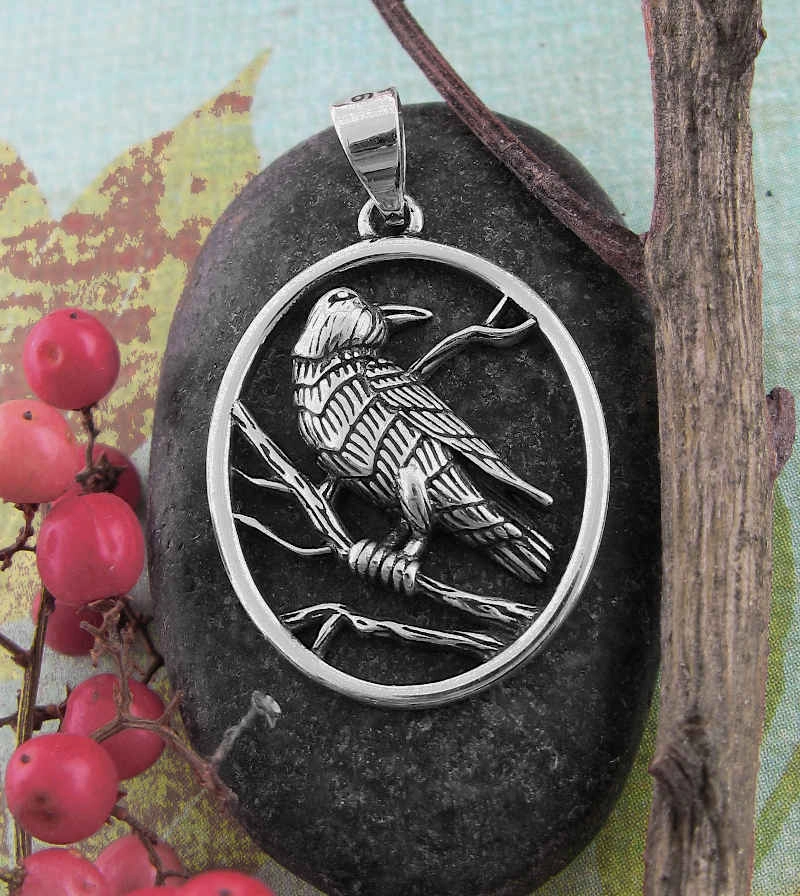 Formal Event Soft Sparkle Raven Perched In Tree Oval Pendant