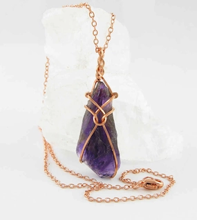 Mother??s Present Refined Piece Raw Amethyst Crystal Pendant Necklace w/ Teardrop Knot, Copper Wire-Wrapped, w/ 20" Chain, Handmade