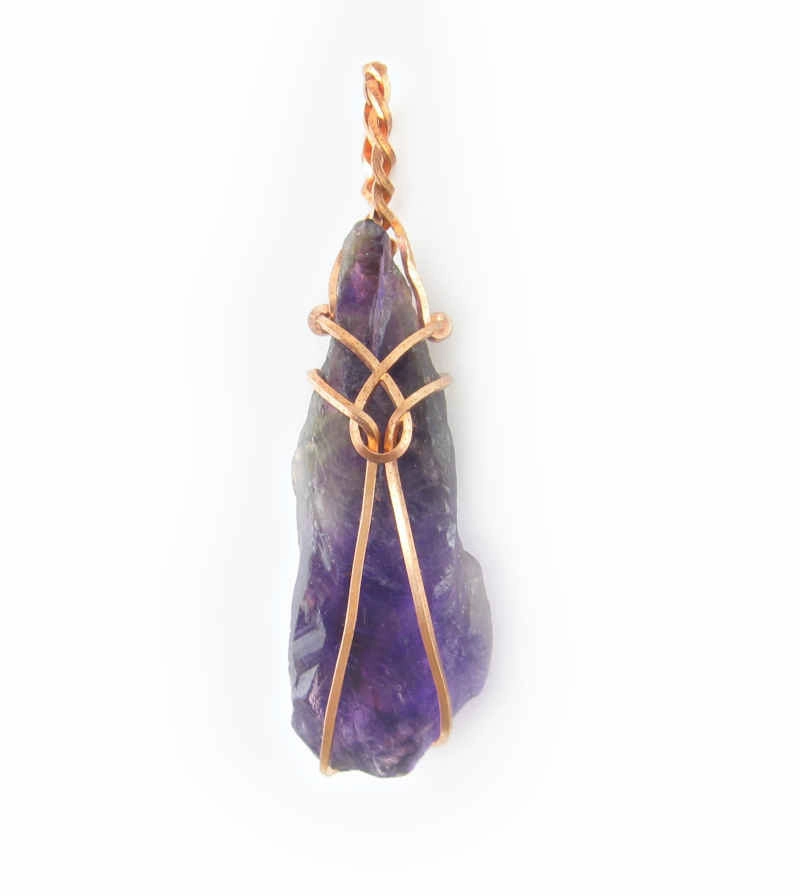 Durable Style Event Jewelry Raw Amethyst Crystal Pendant Necklace w/ Teardrop Knot, Copper Wire-Wrapped, w/ 20" Chain, Handmade