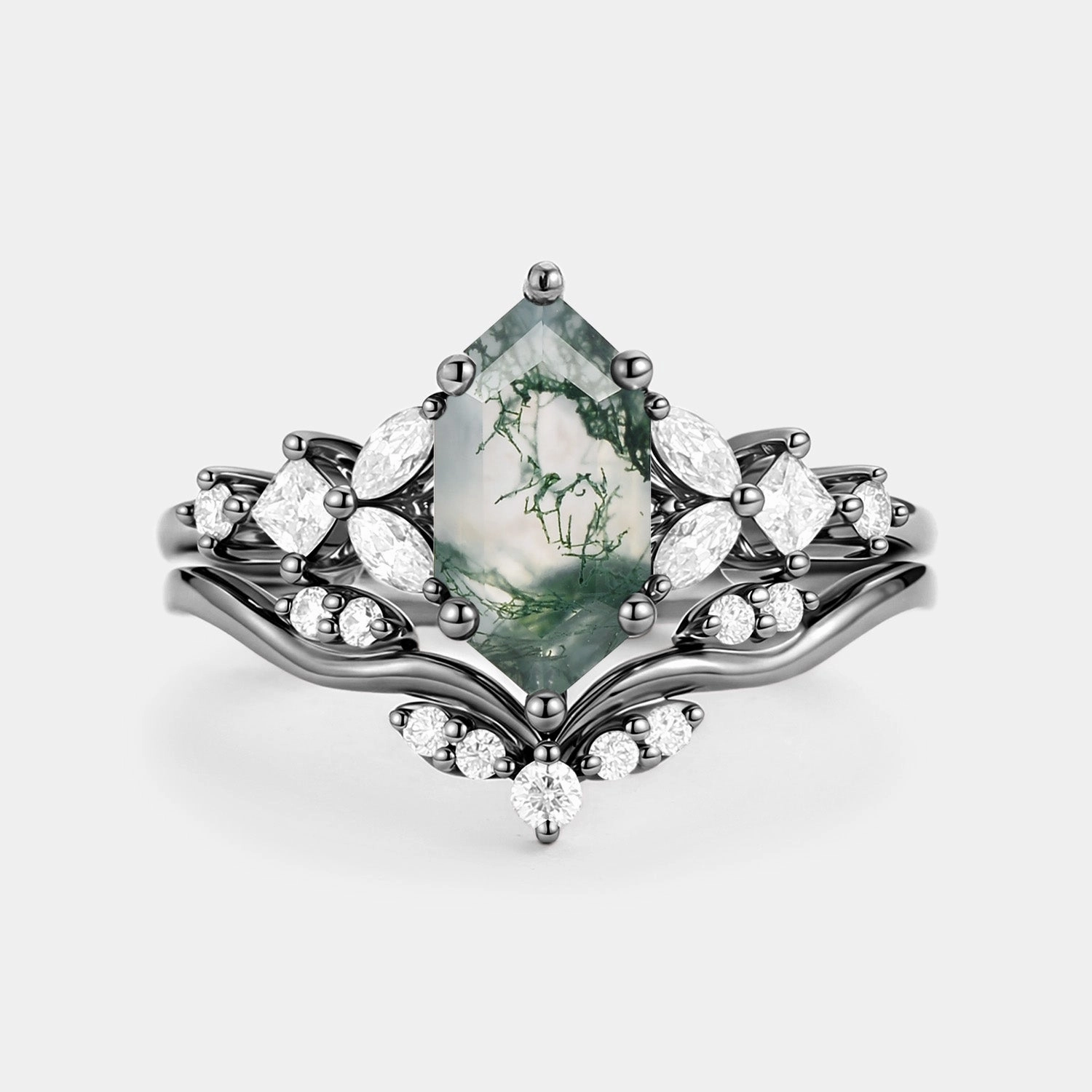 Long Hexagon Moss Agate Engagement Ring Set 2pcs - Vexa Polished Mood