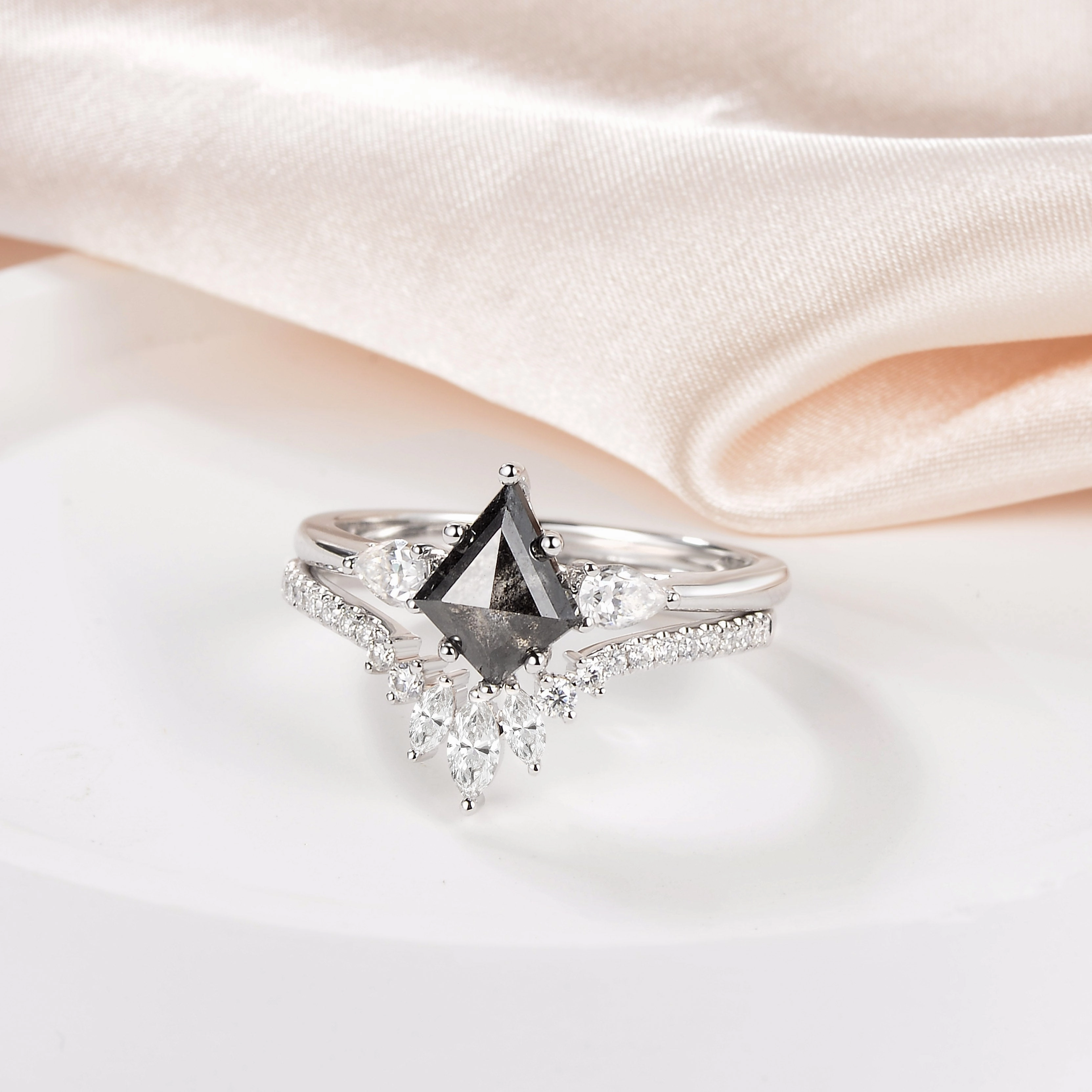 Graceful Glow Subtle Twist Salt and Pepper Diamonds Three Stone Engagement Ring Set 2pcs