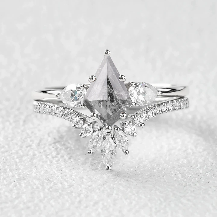 Salt and Pepper Diamonds Three Stone Engagement Ring Set 2pcs Chic Shine