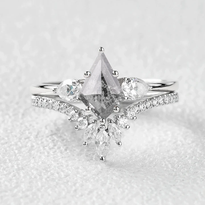 Salt and Pepper Diamonds Three Stone Engagement Ring Set 2pcs Contemporary Feature