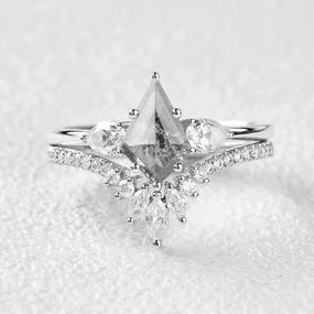 Salt and Pepper Diamonds Three Stone Engagement Ring Set 2pcs Chic Shine