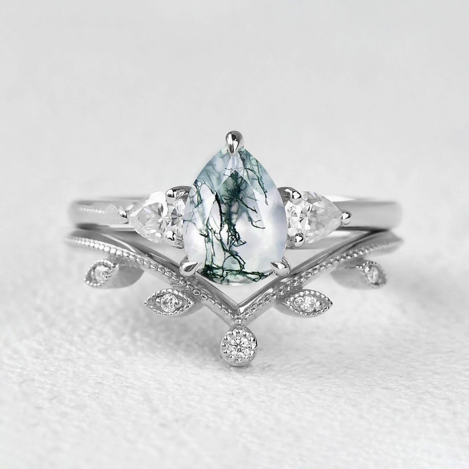 Signature Touch 1.5ct Pear Shaped Moss Agate Three-stone Leafy Ring Set 2pcs