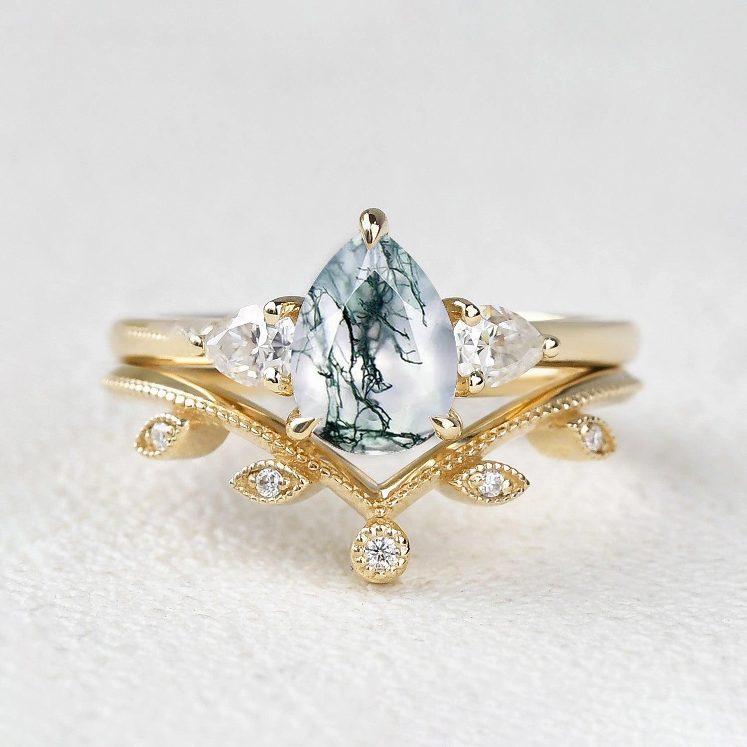 1.5ct Pear Shaped Moss Agate Three-stone Leafy Ring Set 2pcs Precious Treasures Vogue Feature