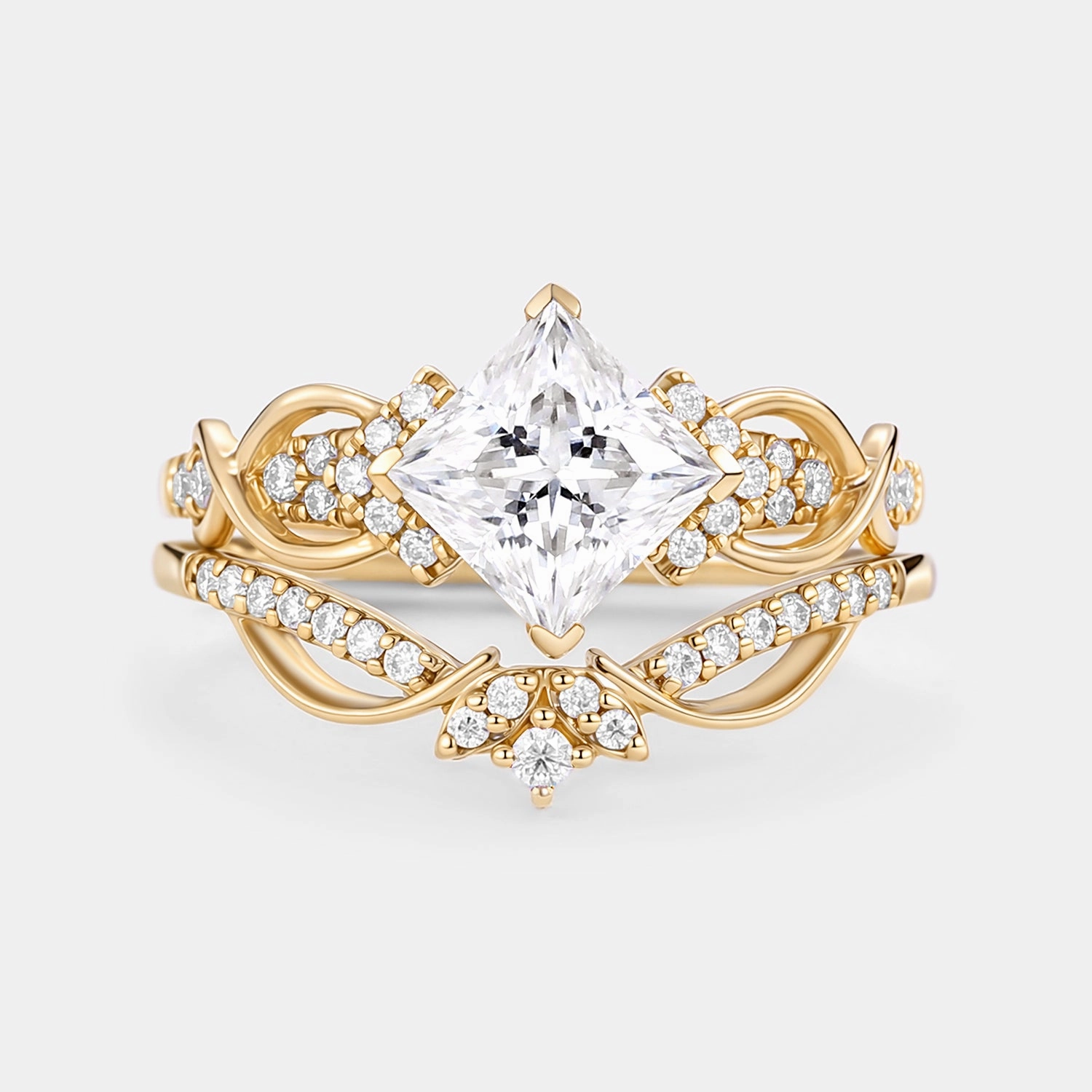 Exquisite detail Princess Cut Moissanite Twist Engagement Ring Set 2pcs