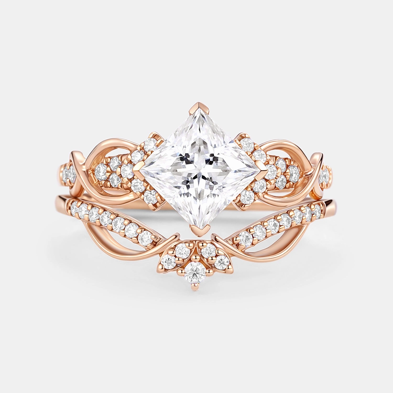 Sparkling finish Princess Cut Moissanite Twist Engagement Ring Set 2pcs