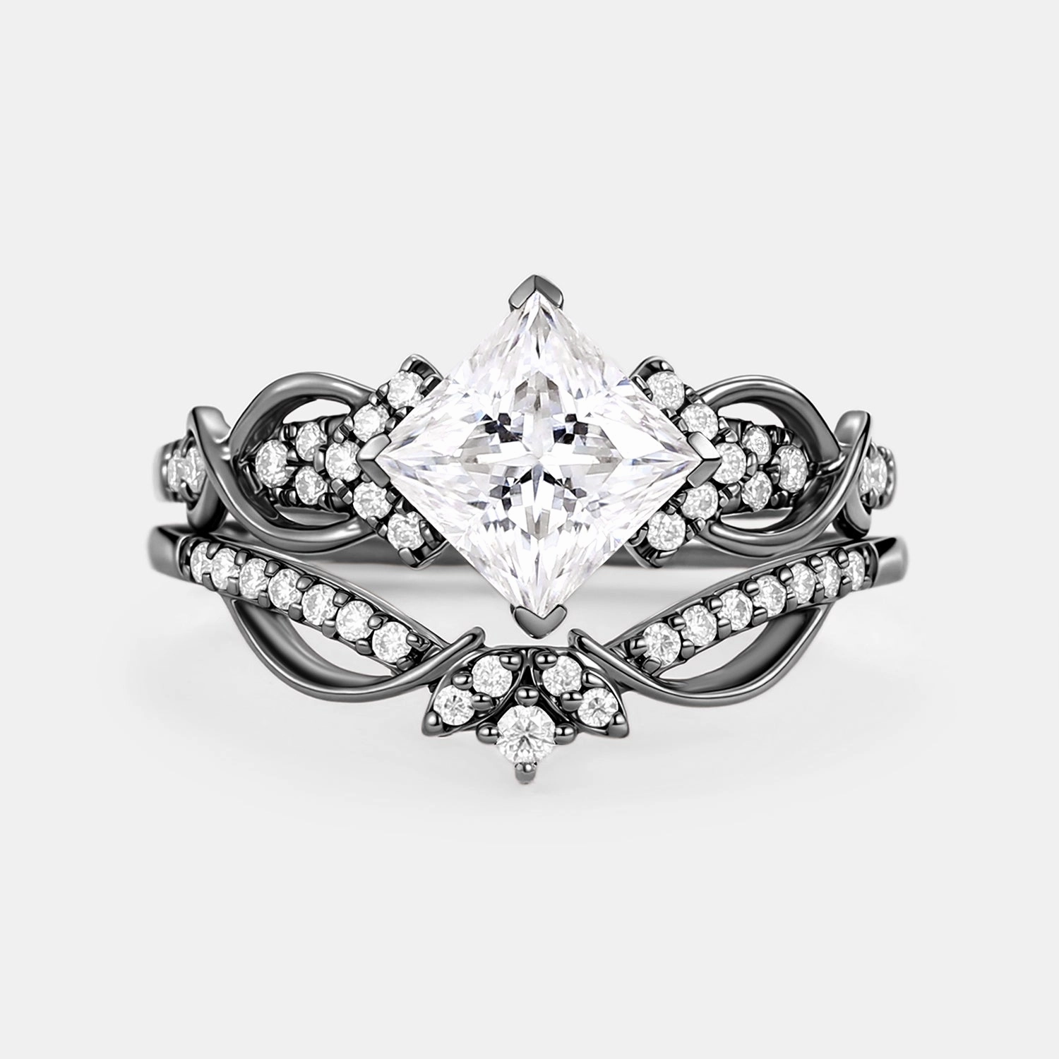 Ornate Edge Princess Cut Moissanite Twist Engagement Ring Set 2pcs