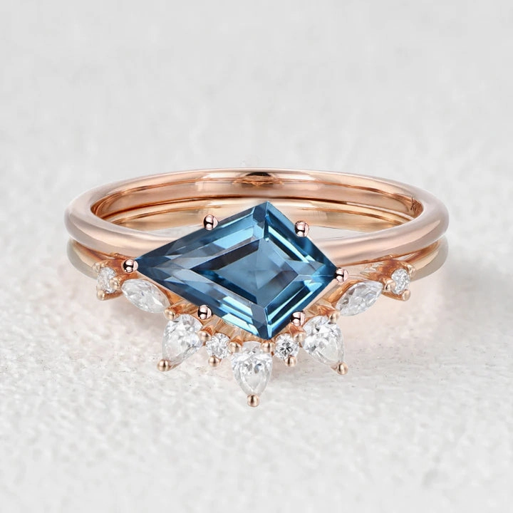 Daily Wear Kite Cut London Blue Topaz East West Ring Set 2pcs