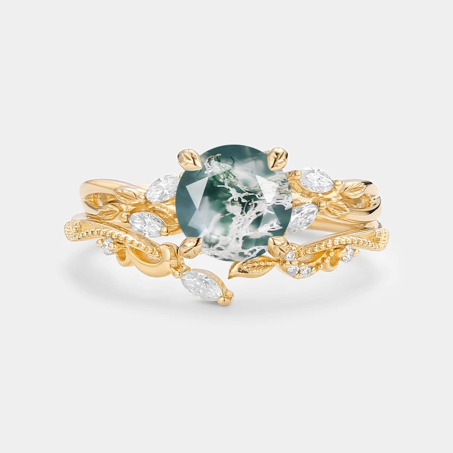 Round Cut Moss Agate Leafy Engagement Ring Set 2pcs Ethereal Detail