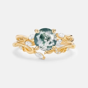 Round Cut Moss Agate Leafy Engagement Ring Set 2pcs Ethereal Detail