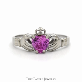 Petite Accessory Heart Shaped Synthetic Pink Sapphire Claddagh Ring with Illusion Set Diamond Accent in 14k White Gold