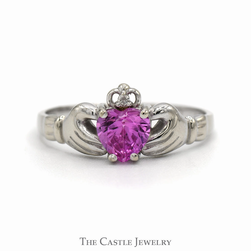 Petite Accessory Heart Shaped Synthetic Pink Sapphire Claddagh Ring with Illusion Set Diamond Accent in 14k White Gold