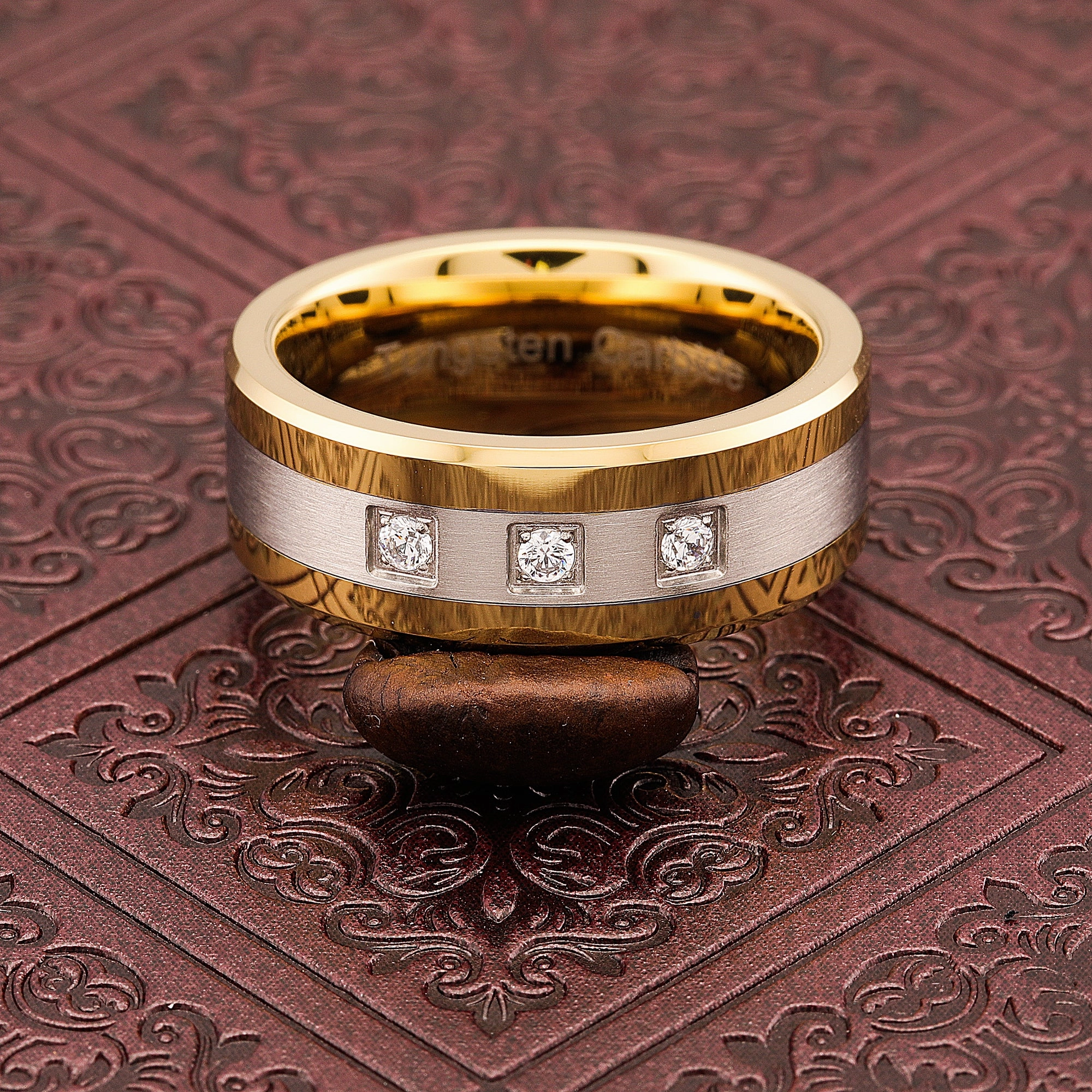 Trendy Object Exquisite Ornament 100S JEWELRY Tungsten Rings for Men Gold Silver Crystal Wedding Bands Two Tone 3 CZ Stone Promise Marriage Size 8-16