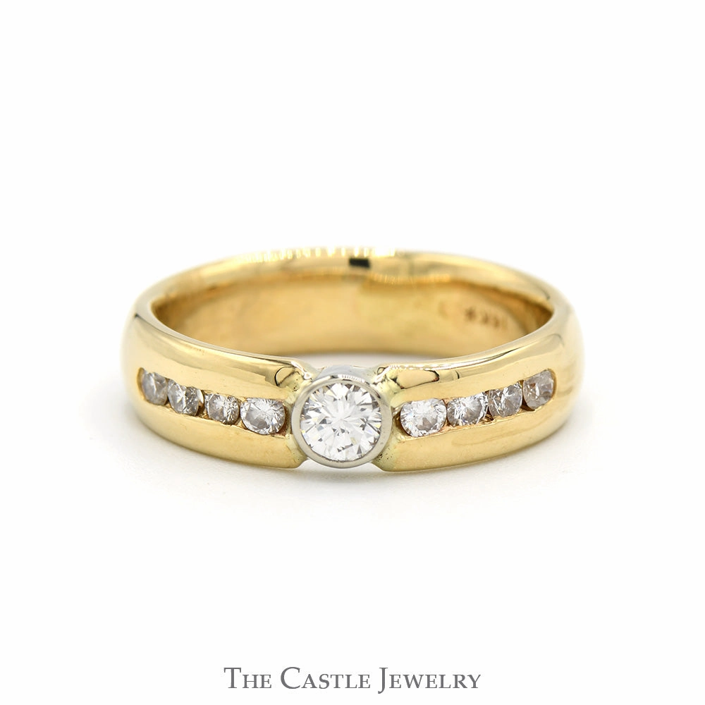 Bezel Set Diamond Solitaire Men's Ring with Channel Set Diamond Accents in 14k Yellow Gold Balanced Contour Unique Appearance