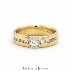 Bezel Set Diamond Solitaire Men's Ring with Channel Set Diamond Accents in 14k Yellow Gold Balanced Contour Unique Appearance