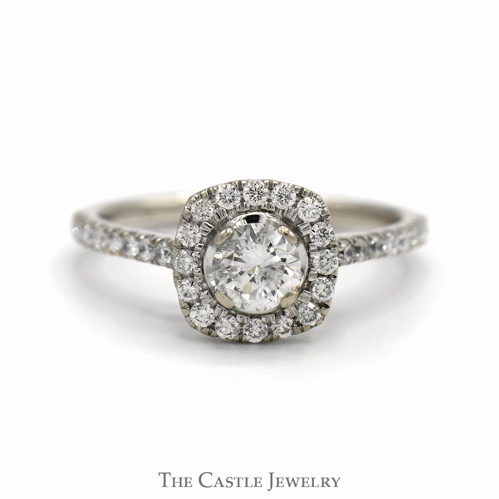 Round Diamond Engagement Ring with Diamond Halo and Accented Sides in 10k White Gold Comfy Style Dress Down