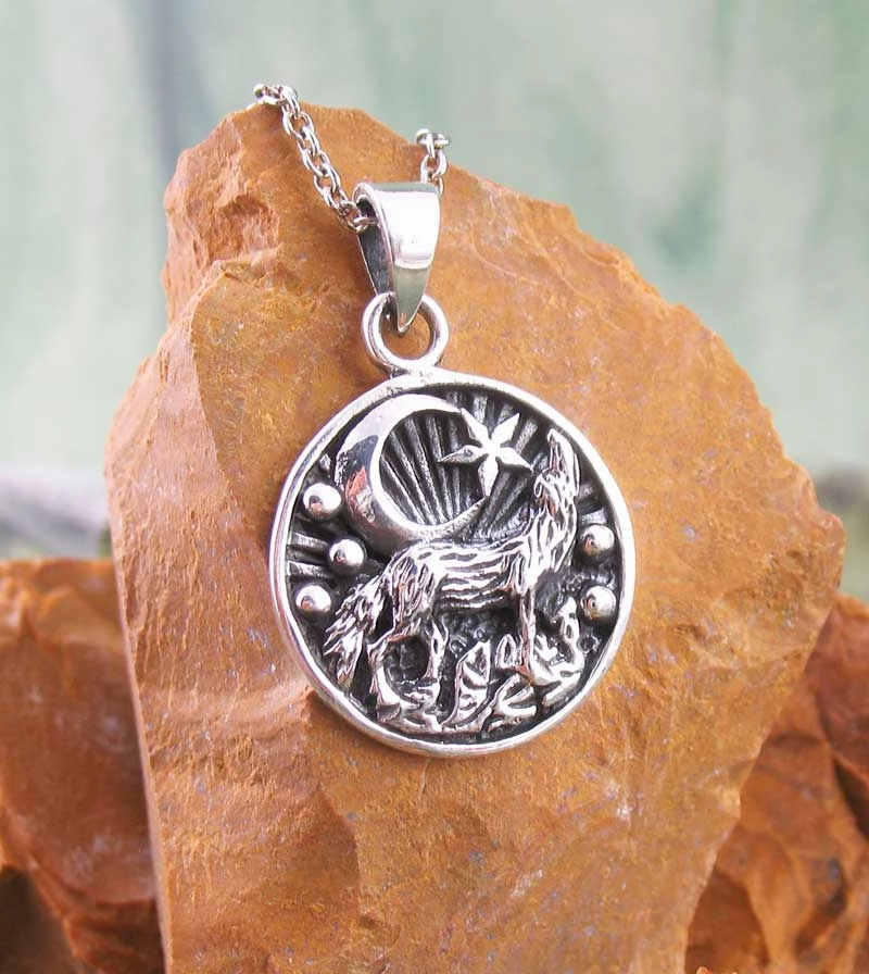Party Present Desert Wolf Howling at the Moon Small Medallion Pendant
