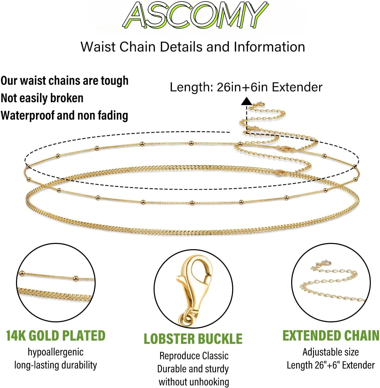 ASCOMY Waist Chains for Women 14K Gold Plated 2Pcs Body Chains Layered Cuban Pearl Satellite Beads Rope Coin Heart Pendant Belly Belt Body Chains Adjustable Bikini Body Jewelry for Women