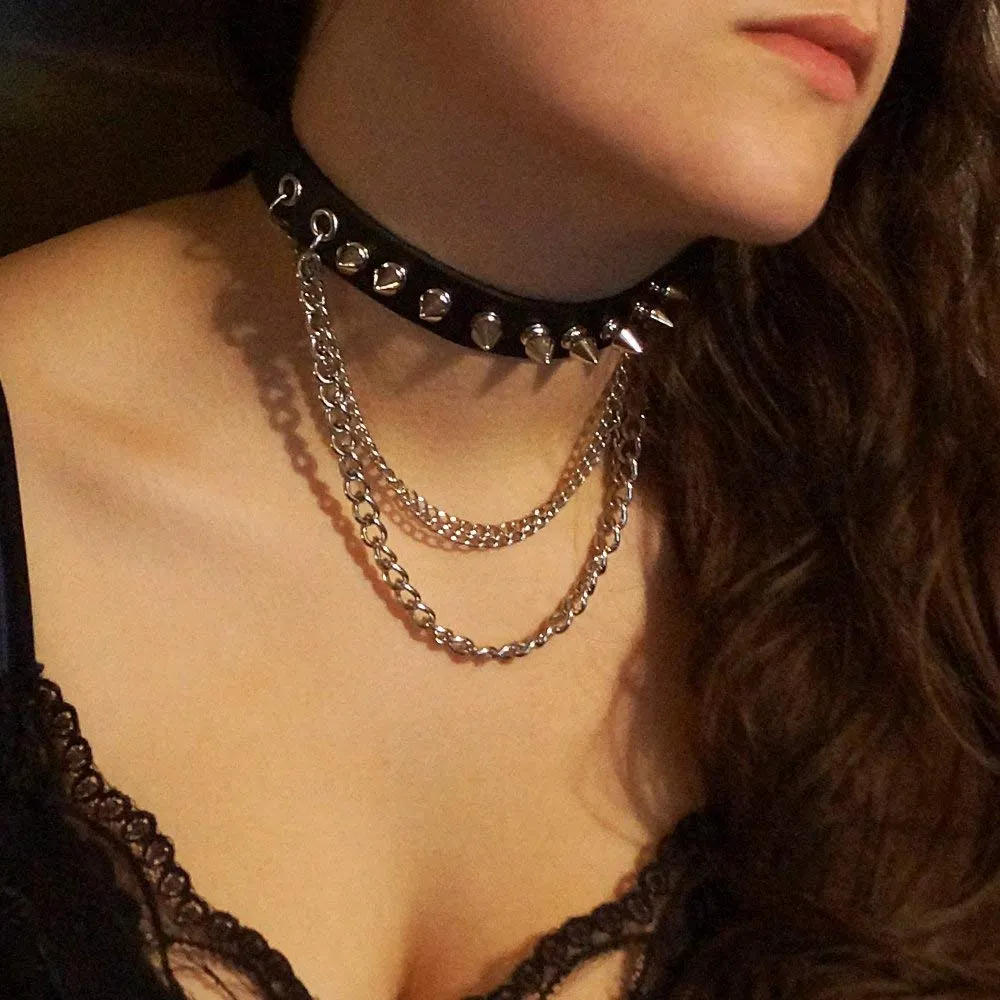 AsherKeep - Premium Black Vegan Leather Choker and Collar Necklace - Adjustable - Charms Spike