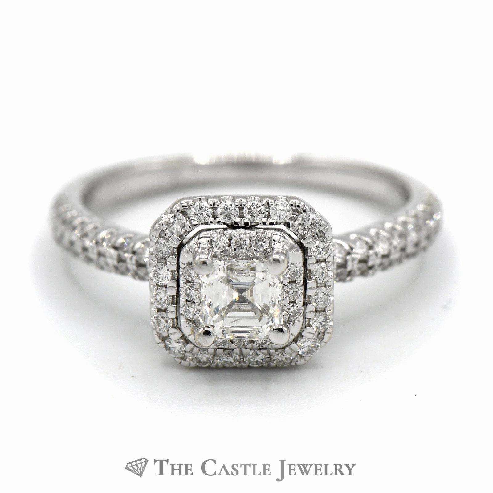 On Trend Inspiring Gift Asscher Cut Diamond Ring with Double Diamond Halo in 14k White Gold Cathedral Mounting