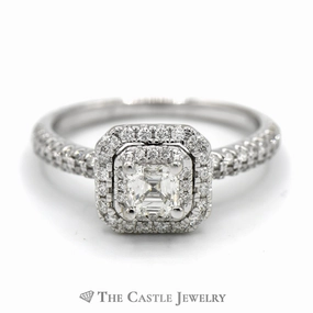 On Trend Inspiring Gift Asscher Cut Diamond Ring with Double Diamond Halo in 14k White Gold Cathedral Mounting