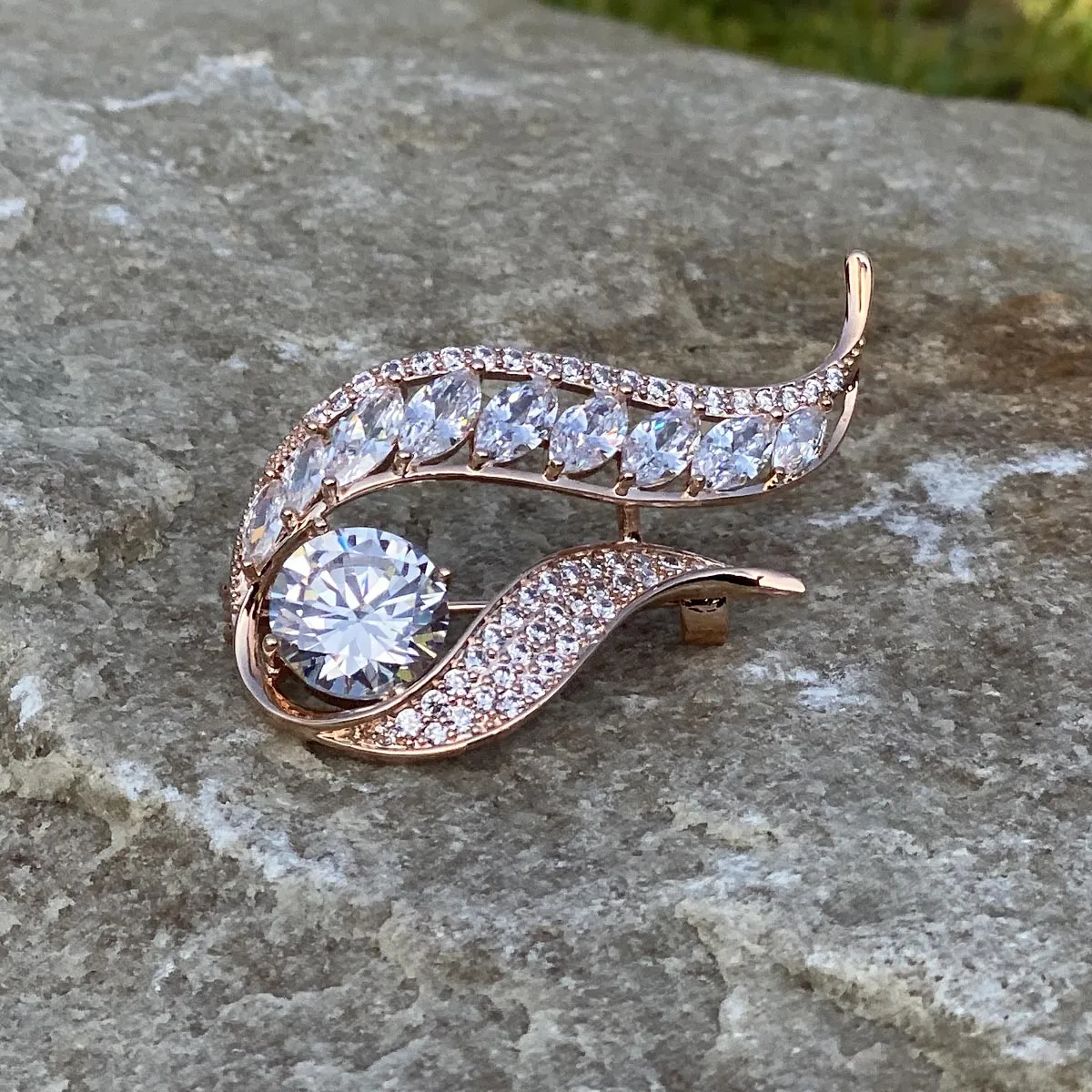 Atlantic Twist Diamante Rose Gold Brooch