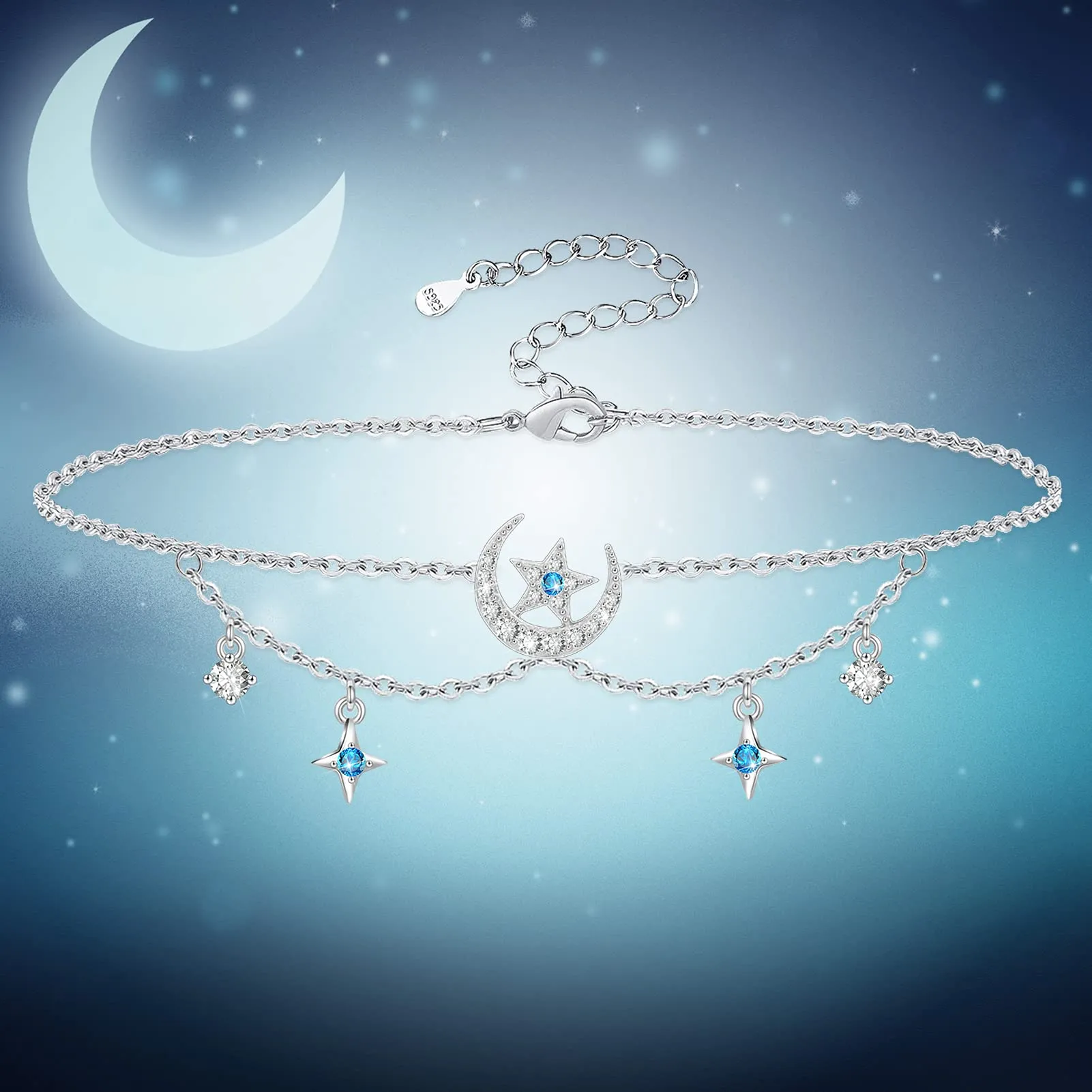 ATTRACTTO Layered Anklet for Women 925 Sterling Silver Moon and Star Ankle Bracelet Adjustable Summer Beach Anklets Jewelry Gifts for Women Wife Girls Infinite Moon Anklet