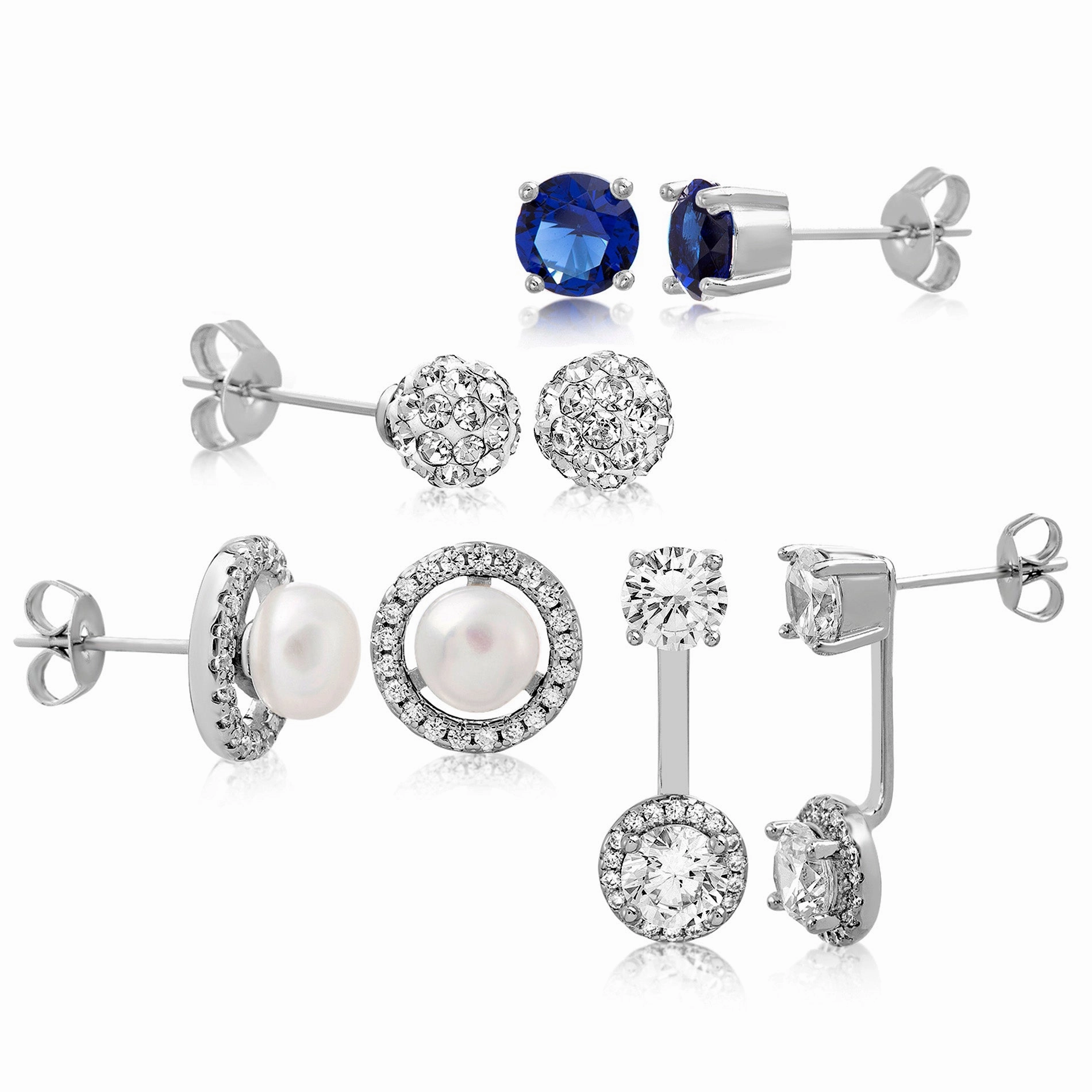 Aubrey Lee Cubic Zirconia Simulated Blue Sapphire and Simulated Pearl Ball Front To Back Stud and Jacket 4 Piece Earring Set in Rhodium Plated Brass Winter Adornment Luxurious Vibe