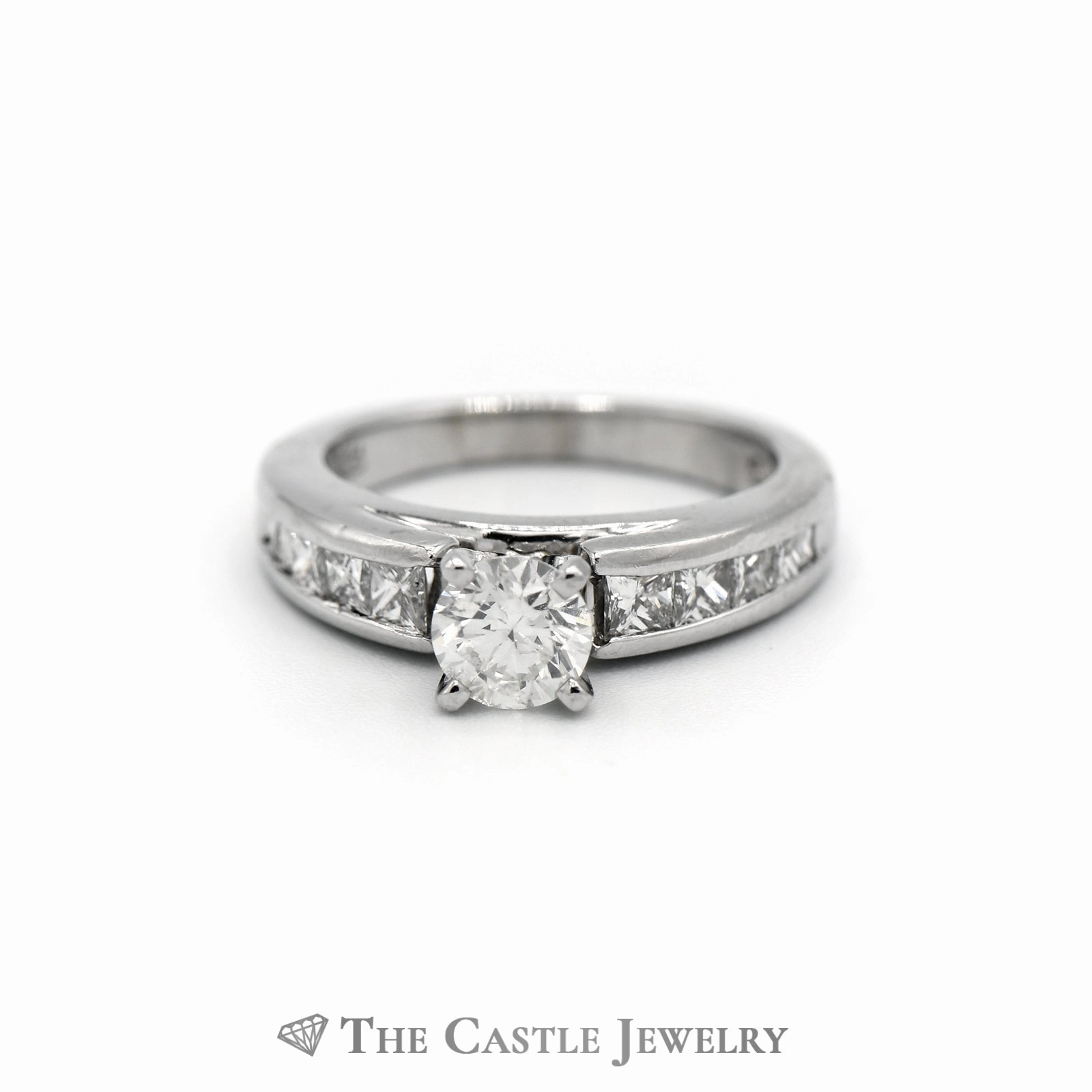 Trendy Statement Platinum Engagement Ring with 1/2 Carat Round Center & Princess Sides