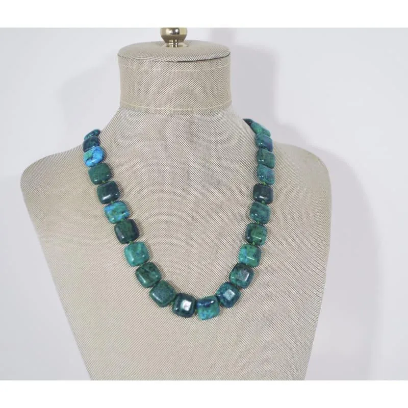 Azurite Chrysocolla Green Square Beaded Necklace