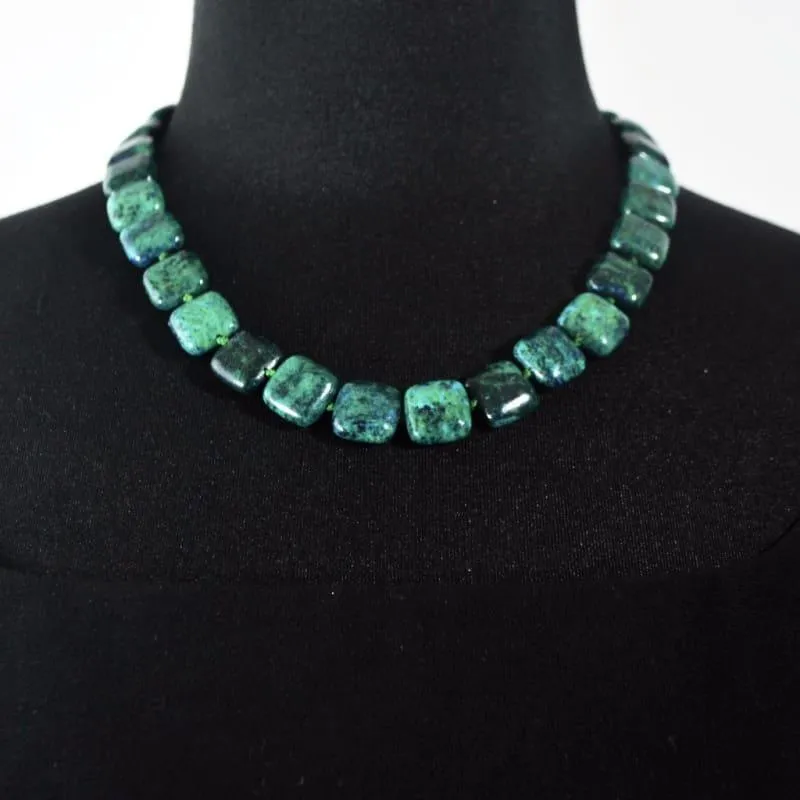 Azurite Chrysocolla Green Square Beaded Necklace
