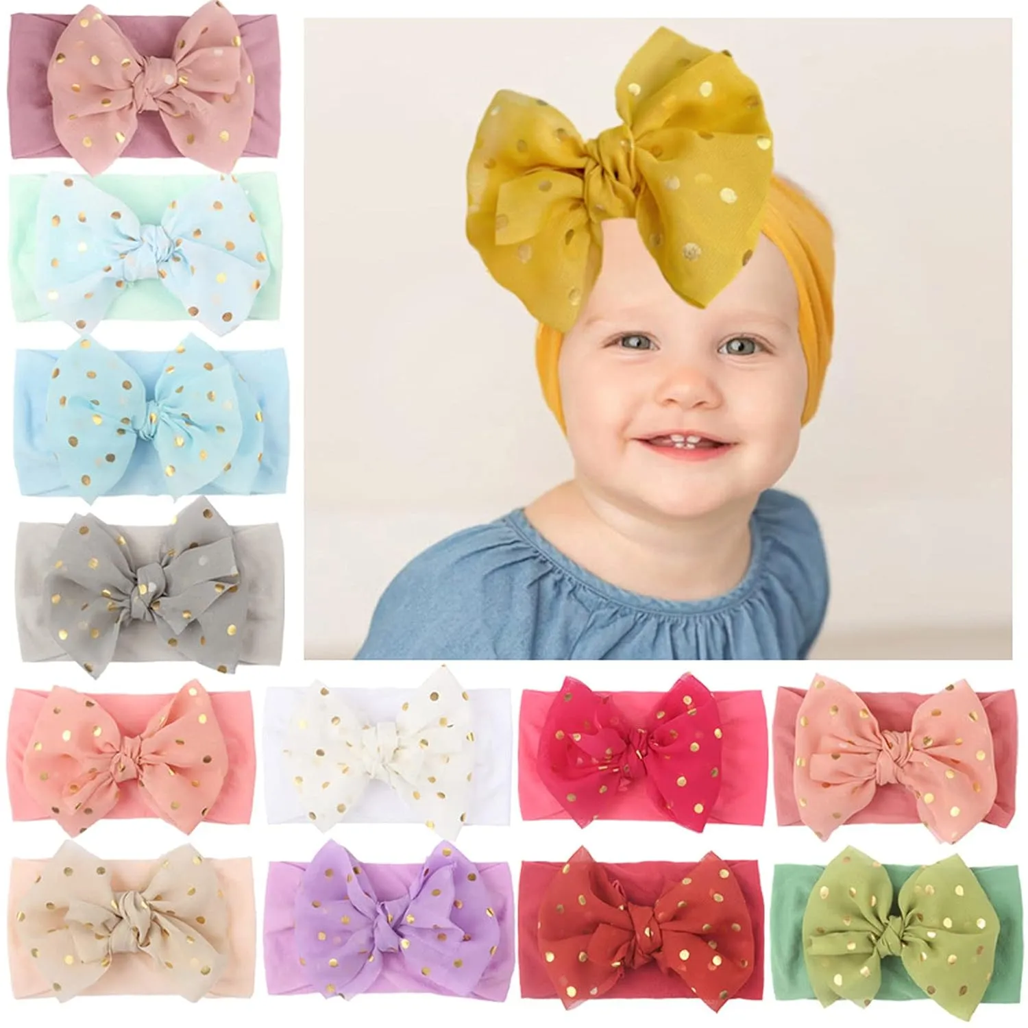 Baby Girls Bows Headbands Nylon Hairbands Ribbon Bow Elastic Hair Accessories for Newborns Infants Toddlers Kids (F, One Size)