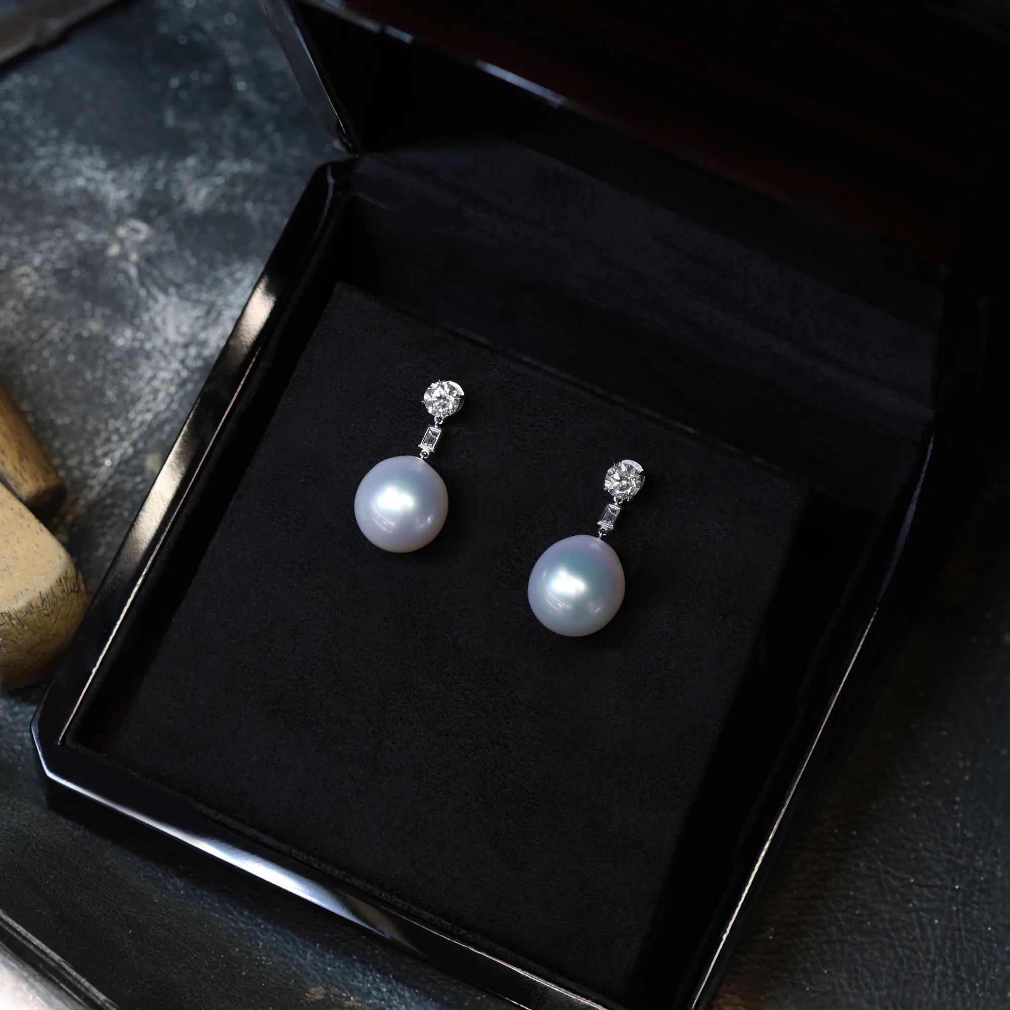 Baguette Diamond with Baroque Australian South Sea Pearl Jacket Earrings