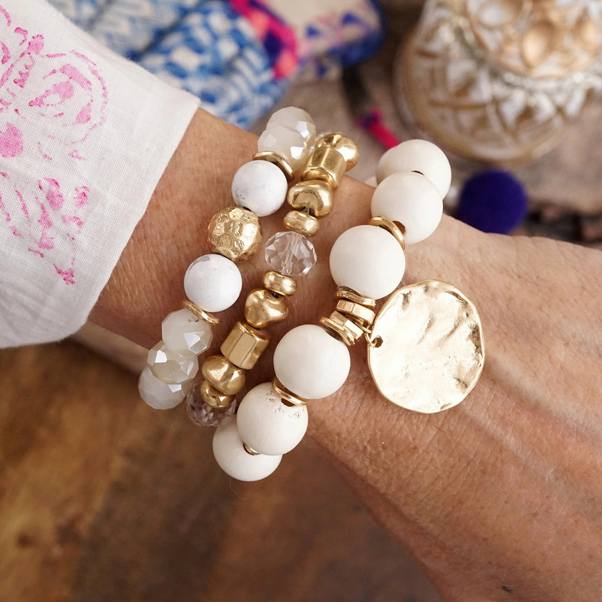 Boho Beads Coin Bracelets Statement set in Cream Fortunate Find