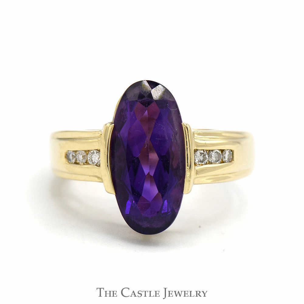Ornate Adornment Stylish Gift Elongated Oval Amethyst Ring with Channel Set Diamond Accents in 14k Yellow Gold