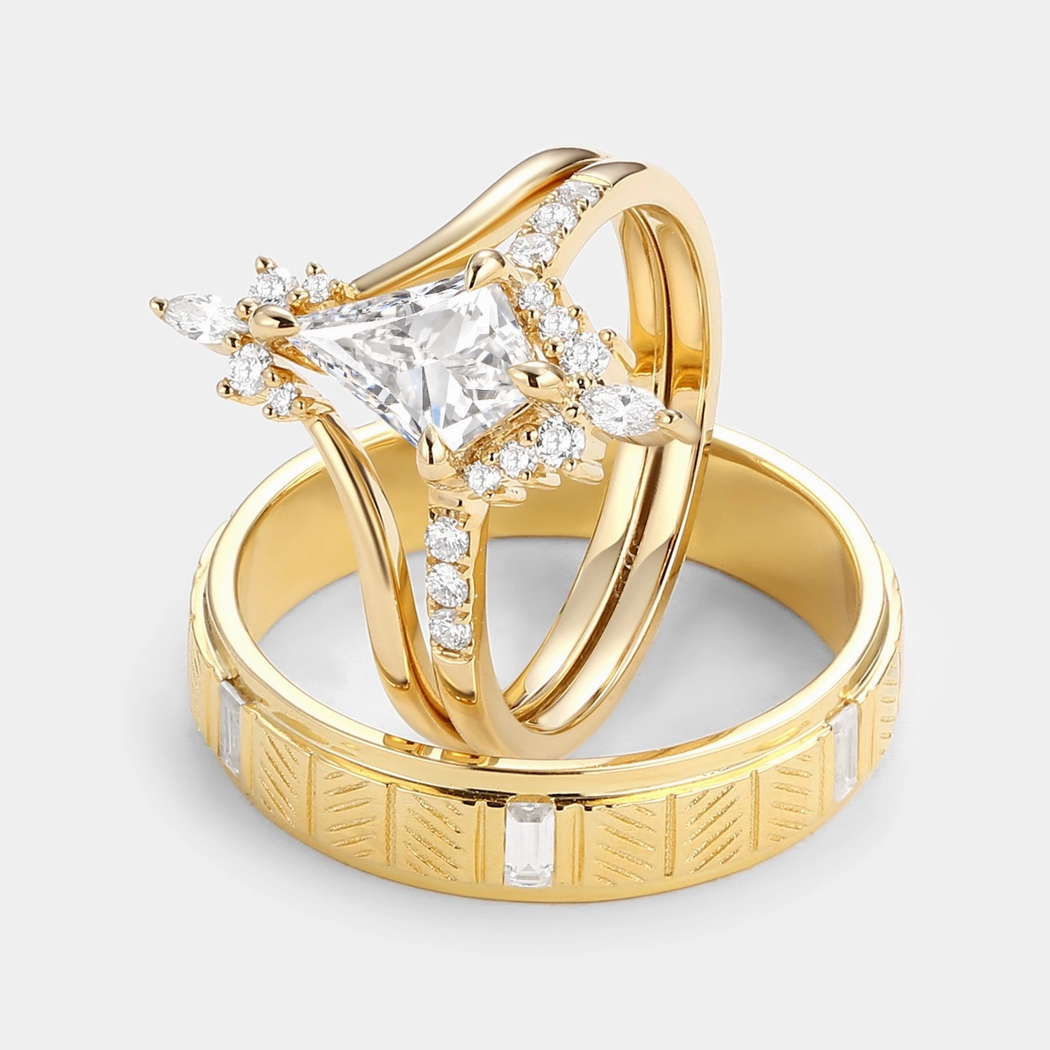 Distinctive Layer Radiant Texture Uniqueness Moissanite Curved Engagement Couple Ring Set 3pcs  - Starla