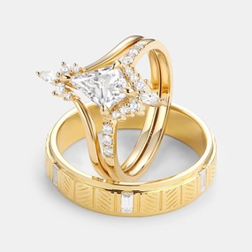 Distinctive Layer Radiant Texture Uniqueness Moissanite Curved Engagement Couple Ring Set 3pcs  - Starla