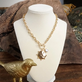 Front Toggle Hammered Coin & Crystal Charm Necklace ?C Gold Tone Office Wear Chic Style