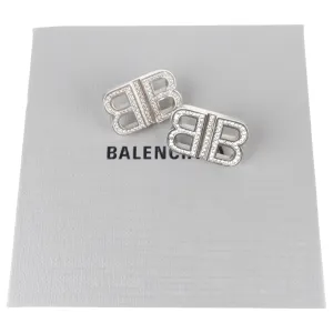 Balenciaga Silver Crystal Embellished Monogram Logo Stud Earrings