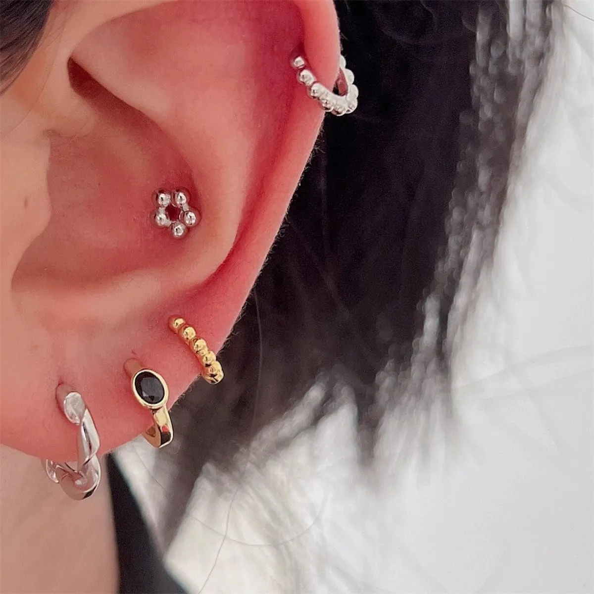 Ball Beaded Huggie Hoop Earrings Upper Ear Cartilage Helix 925 Sterling Silver Gold Small Tiny Mini 12mm 10mm 9mm 8mm 7mm 6mm Hoop Earrings
