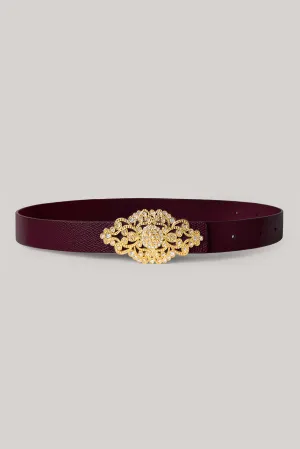 Baroque Burgundy Leather Waist Belt With Gold Buckle