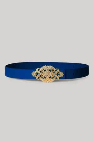 Baroque Sapphire Leather Waist Belt With Gold Buckle