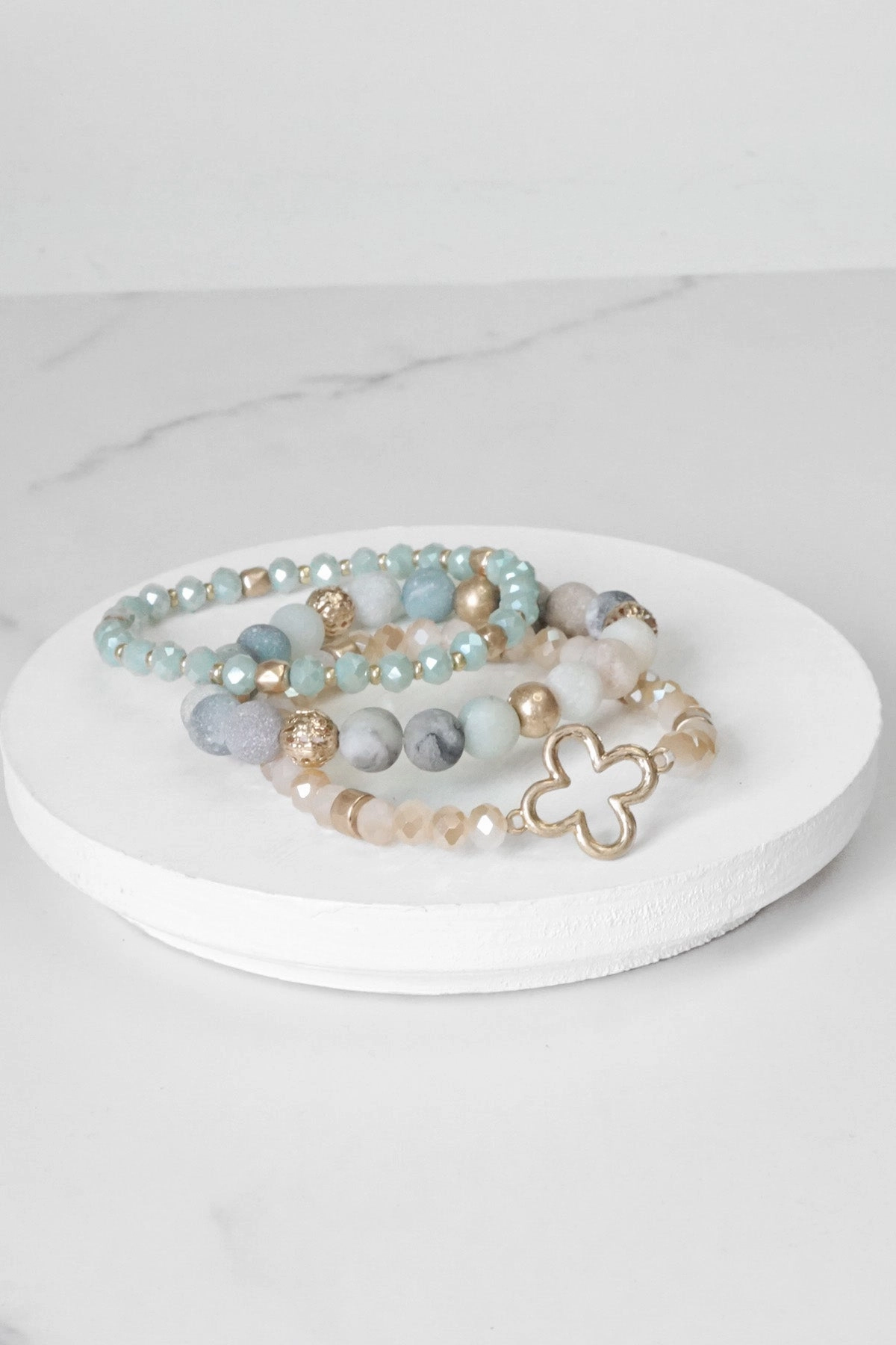 Fashion Journey Handmade Quality Beaded Bracelet Set Clover Semi Precious Amazonite Metal Glass Beads Gold tone