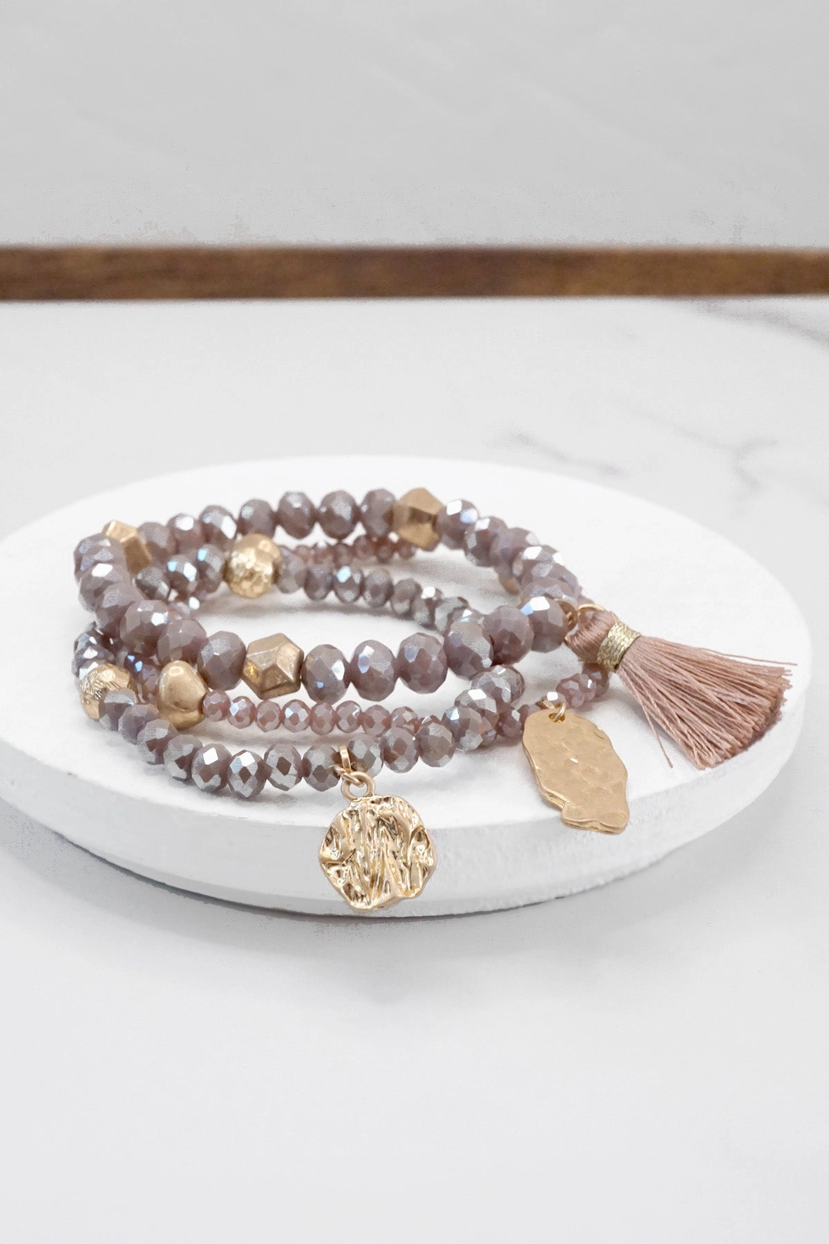 Beaded bracelet stack with tassel and coins Aqua Taupe Rose Design Narrative