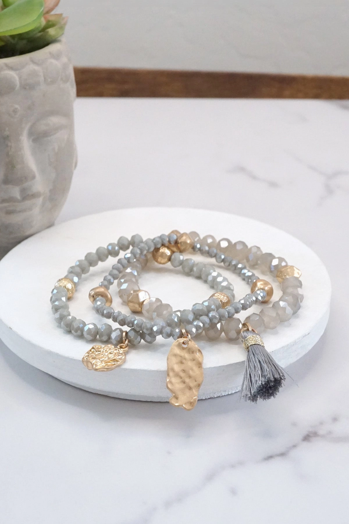 Beaded bracelet stack with tassel and coins Aqua Taupe Rose Best Seller